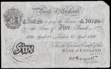 Five Pounds Peppiatt London April 13 1936 VF top right corner missing as usual

Estimate: GBP 80 - 140