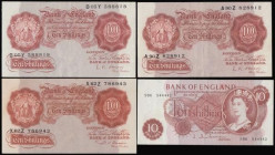 Ten Shillings 1950-60's period Red-Brown Britannia medallion and the QE2 portrait issues (4) with various cashier signatures and averaging GVF includi...