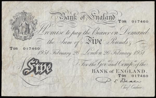 Five Pounds Beale B270 dated 26th February 1951 prefix T98, almost VF but a litt...