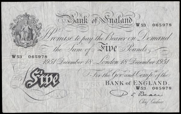 Five Pounds Beale December 18 1951 London W53 065978 B270 VF bank stamps and pen...