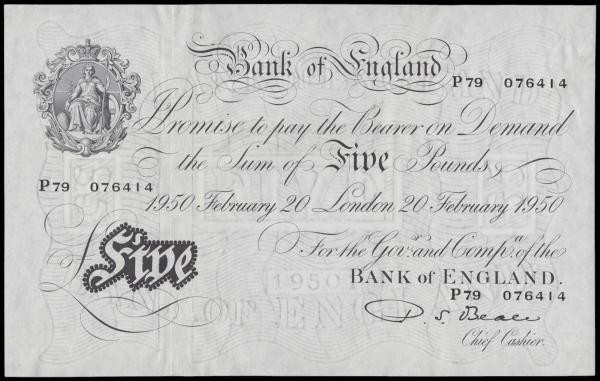 Five Pounds Beale February 20 1950 London P79 076414 AU-Unc

Estimate: GBP 150...