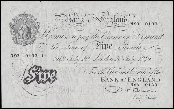 Five Pounds Beale July 20 1949 London N93 013311 B270 EF or better

Estimate: ...
