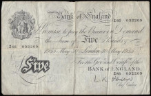 Five Pounds O'Brien B275 dated May 30th 1955, series Z85 032209, Fine

Estimate: GBP 70 - 90