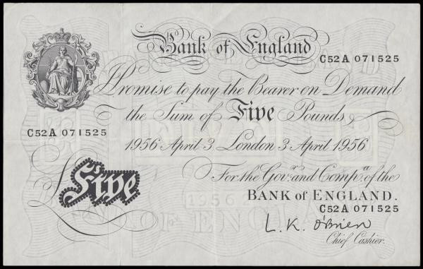 Five Pounds O'Brien April 3 1956 B276 C52A 071525 GVF

Estimate: GBP 120 - 150