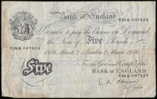 Five Pounds O'Brien B276 dated 2nd March 1956, series C26A 047624, Fine

Estimate: GBP 70 - 90