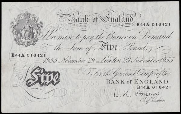 Five Pounds O'Brien November 29 1955 B276 B44A 016421 GVF-EF

Estimate: GBP 15...