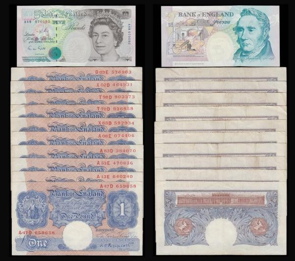 Five Pounds Gill 1990 B357 A48 prefix AU, One Pounds Peppiatt Blue 1940-48 B249 ...