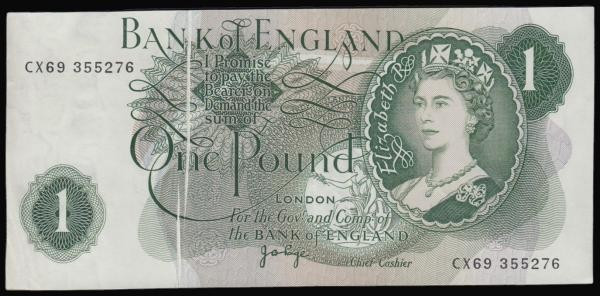 ERROR One Pound Page Britannia reverse B322 series CX69 355276, diagonal white w...