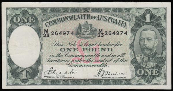 Australia One Pound 1933 issue M23 264974 signatures Riddle and Sheehan, Pick 22...