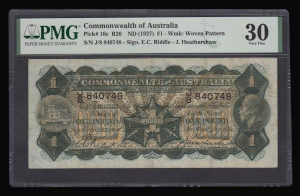 Australia One Pound George V at right Pick 16c Riddle and Heathershaw PMG 30 Ver...