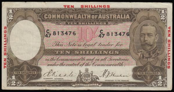 Australia Ten Shillings George V at right TEN SHILLINGS in red in the borders 1/...