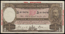 Australia Ten Shillings George V at right TEN SHILLINGS in red in the borders 1/2 (Sovereign) in corners and reverse Riddle and Sheenan ND (1933) Pick...