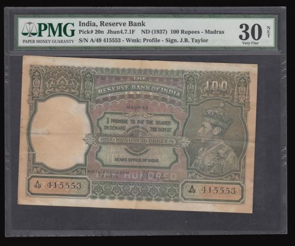 India Reserve bank 100 Rupees Pick 20n (Jhun 4.7.1F) ND (1937-1943) MADRAS issue...