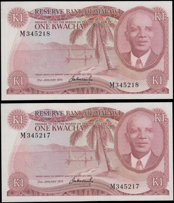 Malawi Reserve Bank 1 Kwacha Pick 10c dated 31st January 1975 (2) a consecutivel...