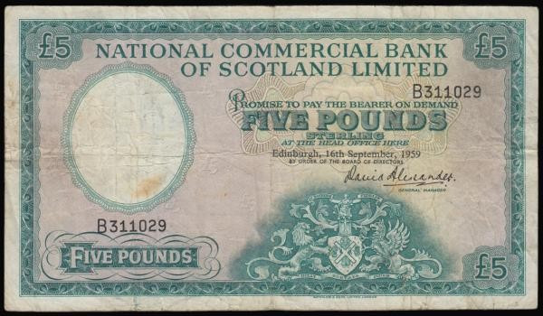 Scotland - National Commercial Bank of Scotland Limited Five Pounds 16/9/1959, s...