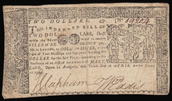 USA Colonial Currency 2 Dollars Maryland Annapolis 10th April 1774 No. 19204 by ...