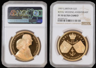 Five Pound Crown 1997 Golden Wedding Anniversary Gold Proof in an NGC holder and graded PF70 Ultra Cameo, accompanied by the original Royal Mint box o...