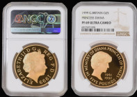 Five Pound Crown 1999 Diana Memorial S.L6 Gold Proof in an NGC holder and graded PF69 Ultra Cameo, accompanied by the original Royal Mint box of issue...