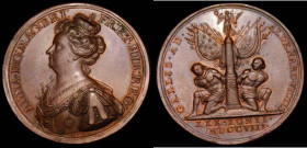 Battle of Oudenarde 1708 44mm diameter in bronze by J.Croker, Obverse: Bust left crowned and draped ANNA . D:G: MAG: BRI: FR: ET. HIB: REG:, Reverse: ...