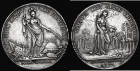 Jernegan's Lottery 1736 39mm diameter in Silver by J.S.Tanner Eimer 537 Obverse: Minerva standing between military trophies and emblems of the Arts an...