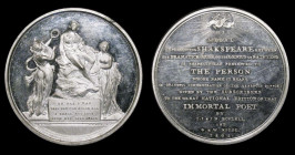 National Edition of Shakespeare's Works 1803 48mm diameter in silver, Eimer 950 by C.H.Kuchler, Obverse: Shakespeare seated upon a rock, flanked by th...