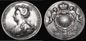 Union of England and Scotland 1707 34mm diameter in silver by J.Croker, Eimer 425 Obverse: Bust left draped, ANNA. D:G. MAG. BR. FR. ET. HIB: REG. Rev...