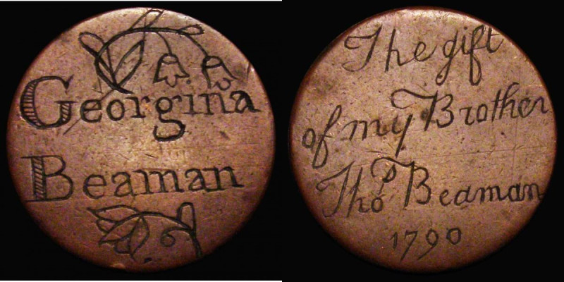 Engraved Halfpenny 'Georgina Beaman' with floral decoration/'The Gift of my Brot...