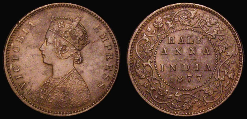 India Half Anna 1877 Bust C KM#487 UNC with porous surfaces, the obverse with so...