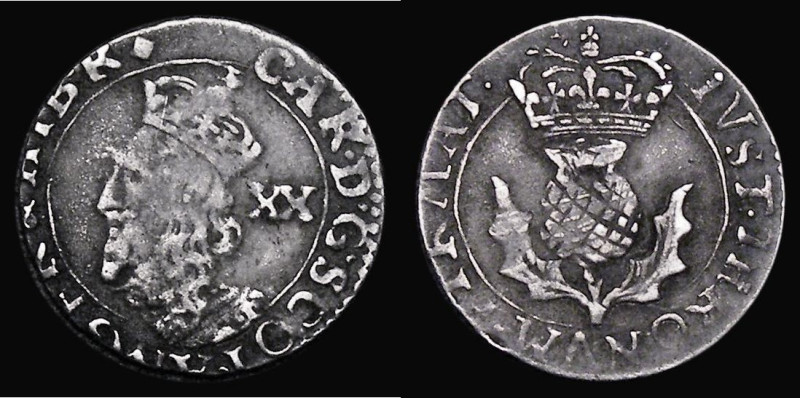 Scotland Twenty Pence Charles I Third Coinage, Bust slightly breaks inner circle...