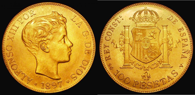 Spain 100 Pesetas Gold 1897 (1962 Official Restrike) KM#708 GEF and lustrous

...