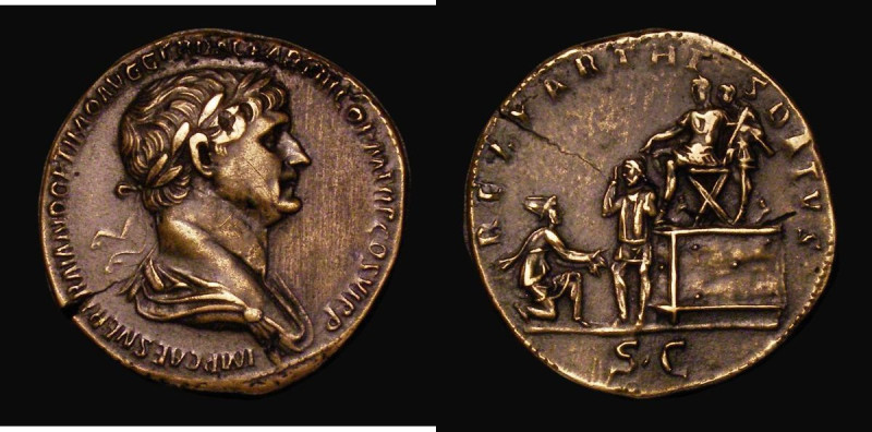 Ae Sestertius. Trajan. C, 116-117 AD. Rev; REX PARTHIS DATVS, Trajan seated left...