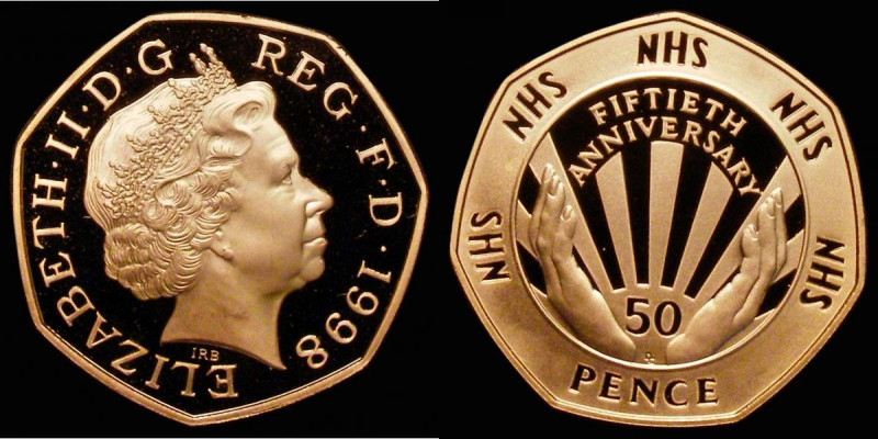 Fifty Pence 1998 NHS 50th Anniversary S.H10 Gold Proof, a small spot on the reve...