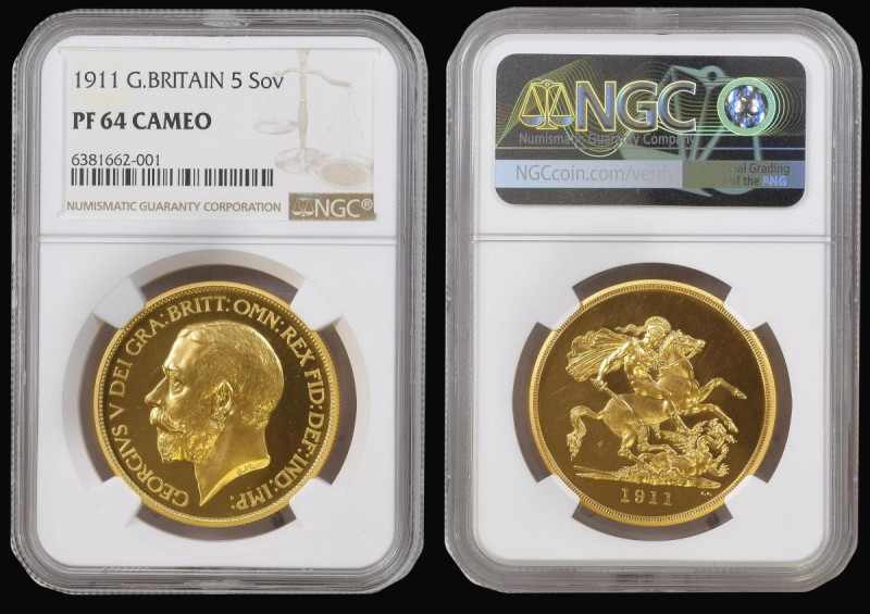 Five Pounds 1911 Gold Proof S.3994, Marsh F38, in an NGC holder and graded PF64 ...