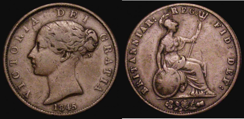 Halfpenny 1845 Peck 1529 VG or slightly better the obverse with some heavier con...