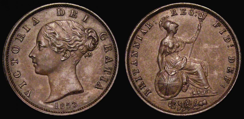 Halfpenny 1853 Peck 1538 with 3 over 2 in the date About EF the obverse with som...