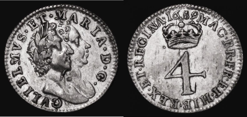 Maundy Fourpence 1689 GV below bust, Threepence obverse die used in error, ESC 1...