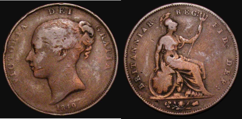 Penny 1849 Peck 1497 VG, Very Rare, one of the key dates in the Victorian copper...