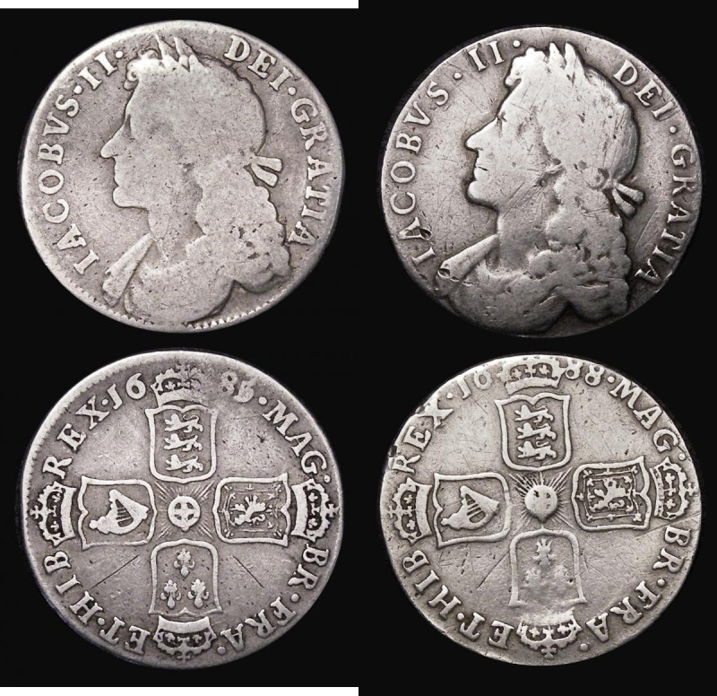 Shillings (2) 1685 a flaw thought the 5 of the date gives the impression of 5 ov...