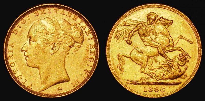 Sovereign 1886M George and the Dragon, WW complete on truncation, horse with sho...