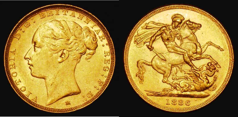 Sovereign 1886M George and the Dragon, WW complete on truncation, horse with sho...