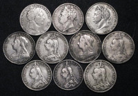Crowns and Double Florins (10) comprising Crowns (8) 1820 LX, 1821, 1822 SECUNDO, 1889, 1890, 1891, 1895 LVIII, 1895 LIX, Double Florins (2) 1887 Arab...