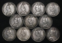 Double Florins (11) 1887 Arabic 1 (4), 1887 Roman 1 (2), 1889 (3), 1890 (2) Fine to GVF one cleaned 

Estimate: GBP 120 - 220
