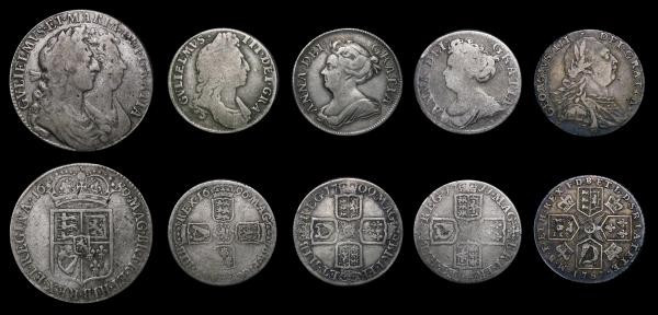 Halfcrowns and Shillings (5) comprising Halfcrown 1689 First Shield, Caul and In...