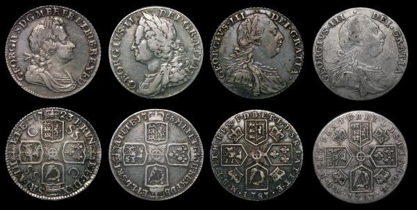 Shillings (4) 1723 SSC First Bust ESC 1176, Bull 1586 Fine/Good Fine, 1758 ESC 1...