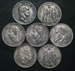France Five Francs (7) 1828W Lille Mint KM#728.13 About VF, 1830A Paris Mint KM#728.1 NVF, 1831B Rouen Mint KM#735.2 Good Fine with grey tone, 1831A P...