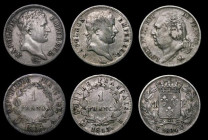 France One Franc (6) 1808A Paris Mint KM#682.1 Good Fine, 1813K Bordeaux Mint KM#692.8 Fine, 1824W Lille Mint KM#709.12 Good Fine, 1845W Lille Mint KM...