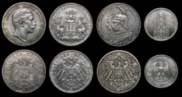 German States Five Marks (3) Prussia 1901A 200 Years of the Kingdom of Prussia KM#526 GVF, Prussia 1903A KM#523 NEF with an edge bruise, Hamburg 1903J...