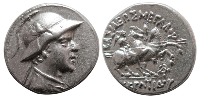 KINGS of BAKTRIA. Eukratides I. ca. 171-145 BC. AR drachm (4.09 gm; 18 mm). Helm...