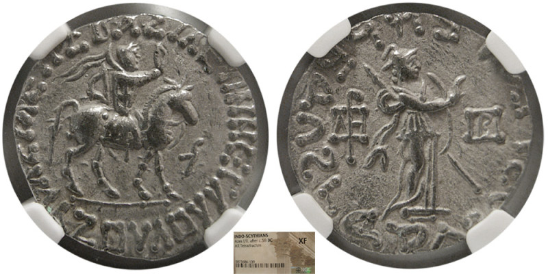 INDO-SCYTHIANS, Azes I/II, after Ca. 58 BC. AR Tetradrachm. NGC XF. Obv: King on...