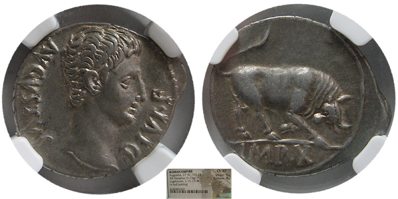 ROMAN EMPIRE, Augustus. (27 BC-AD 14). AR Denarius. NGC Choice XF. Lugdunum, 15-...